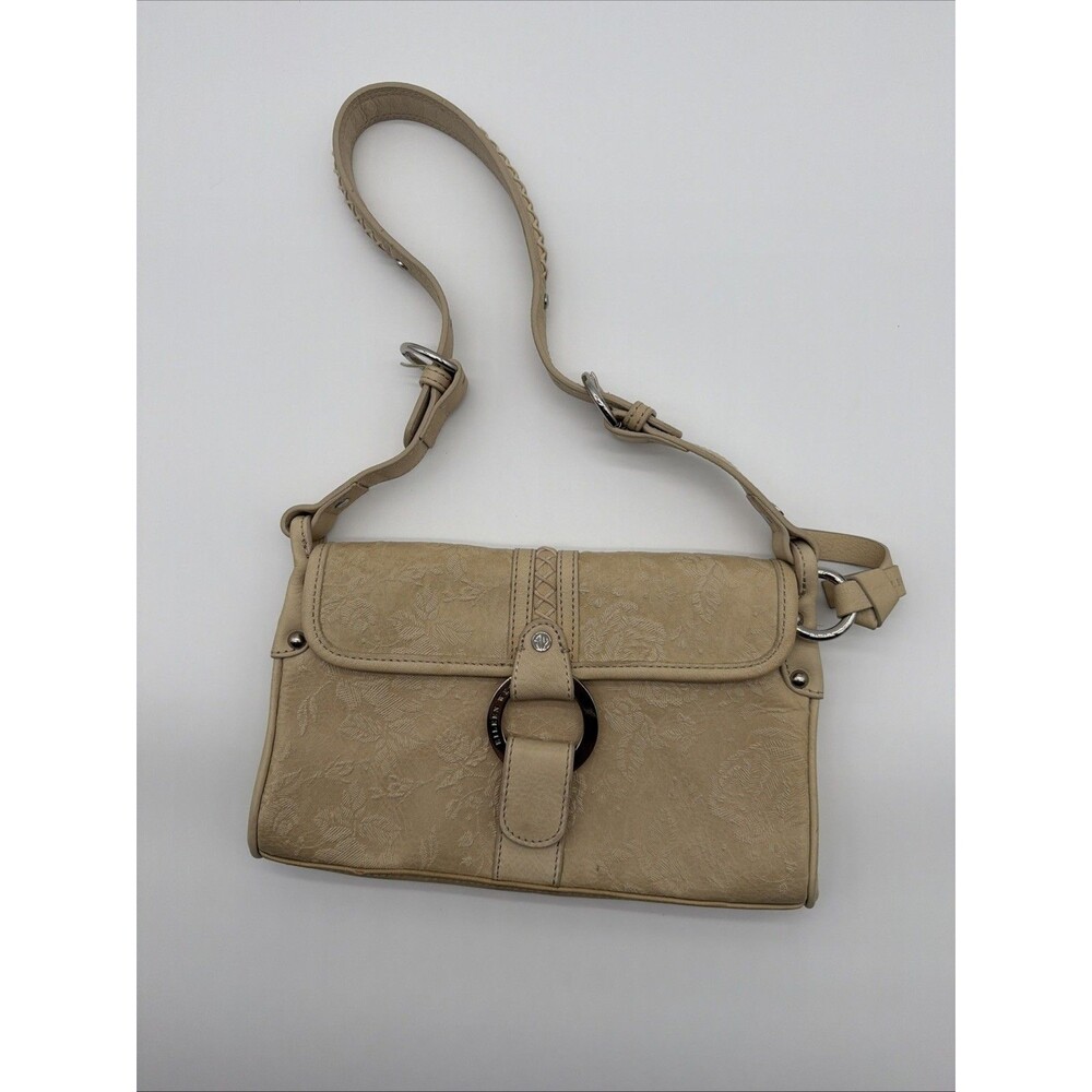 Eileen West Cream Tooled Leather Handbag Floral Embossed Boho Western Chic Purse